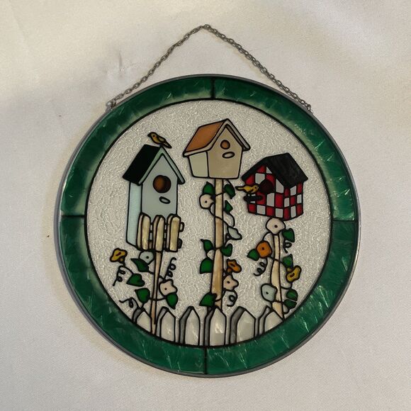 Vintage Joan Baker Handpainted Stained Glass Suncatcher Bird Houses Green Circle - Picture 1 of 3